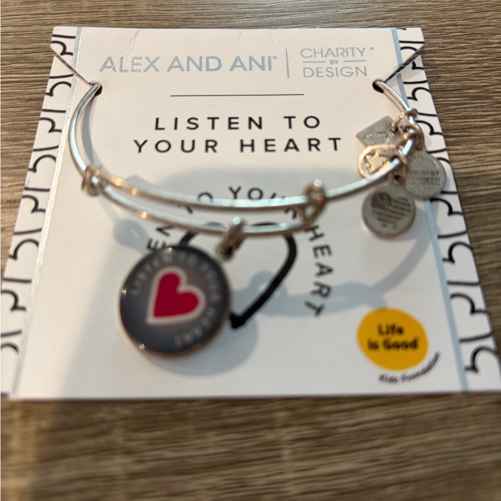 Alex and Ani Silver Bangle with Pink Heart Enamel Charm